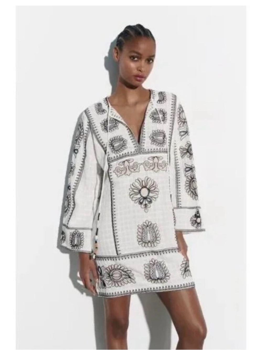 Zara White Swim Coverup with Black Embroidered Motifs